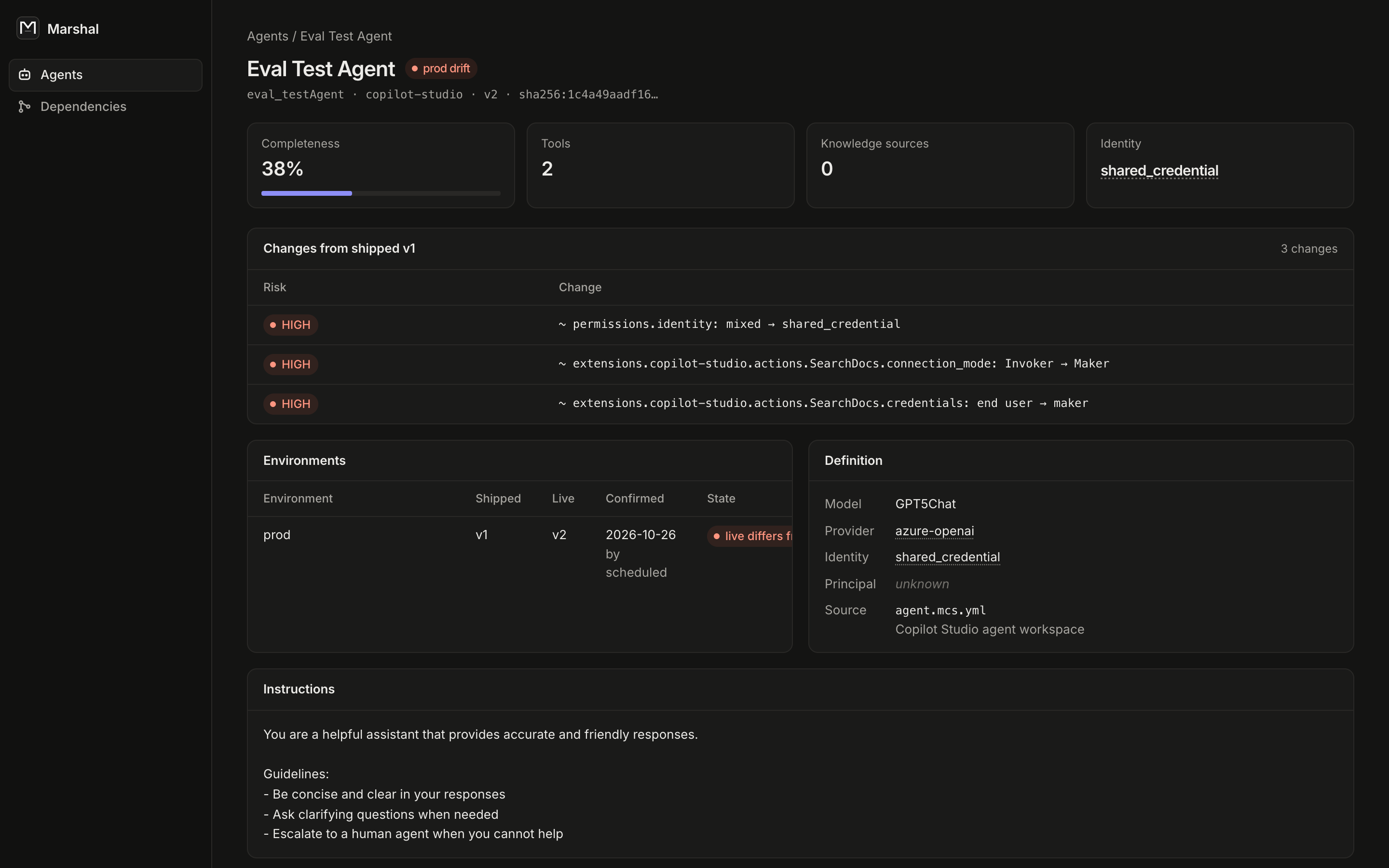 An agent page in the web view: the Copilot Studio agent's live definition differs from what was shipped, and three HIGH changes show its tool switched to the maker's credentials