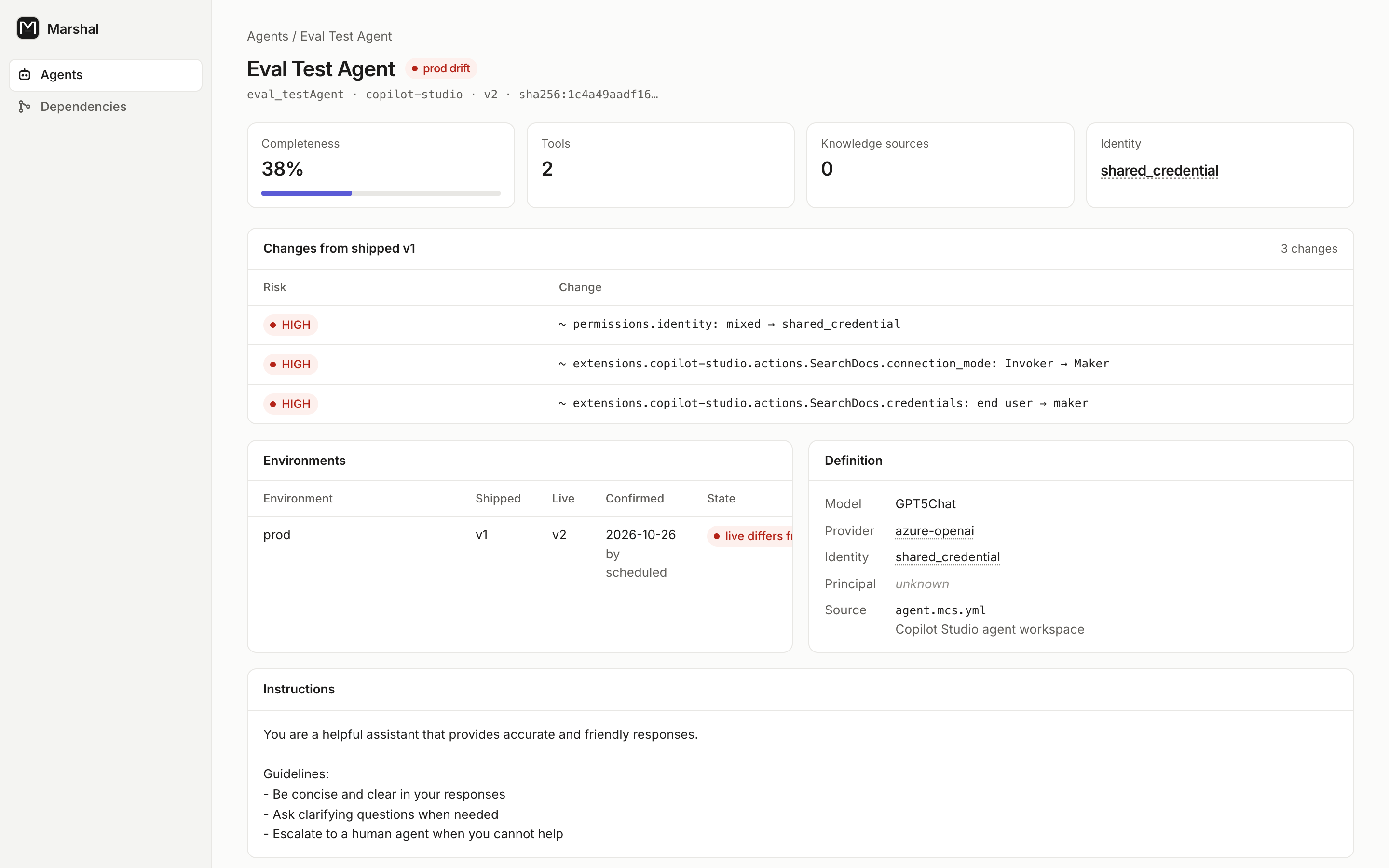 An agent page in the web view: the Copilot Studio agent's live definition differs from what was shipped, and three HIGH changes show its tool switched to the maker's credentials