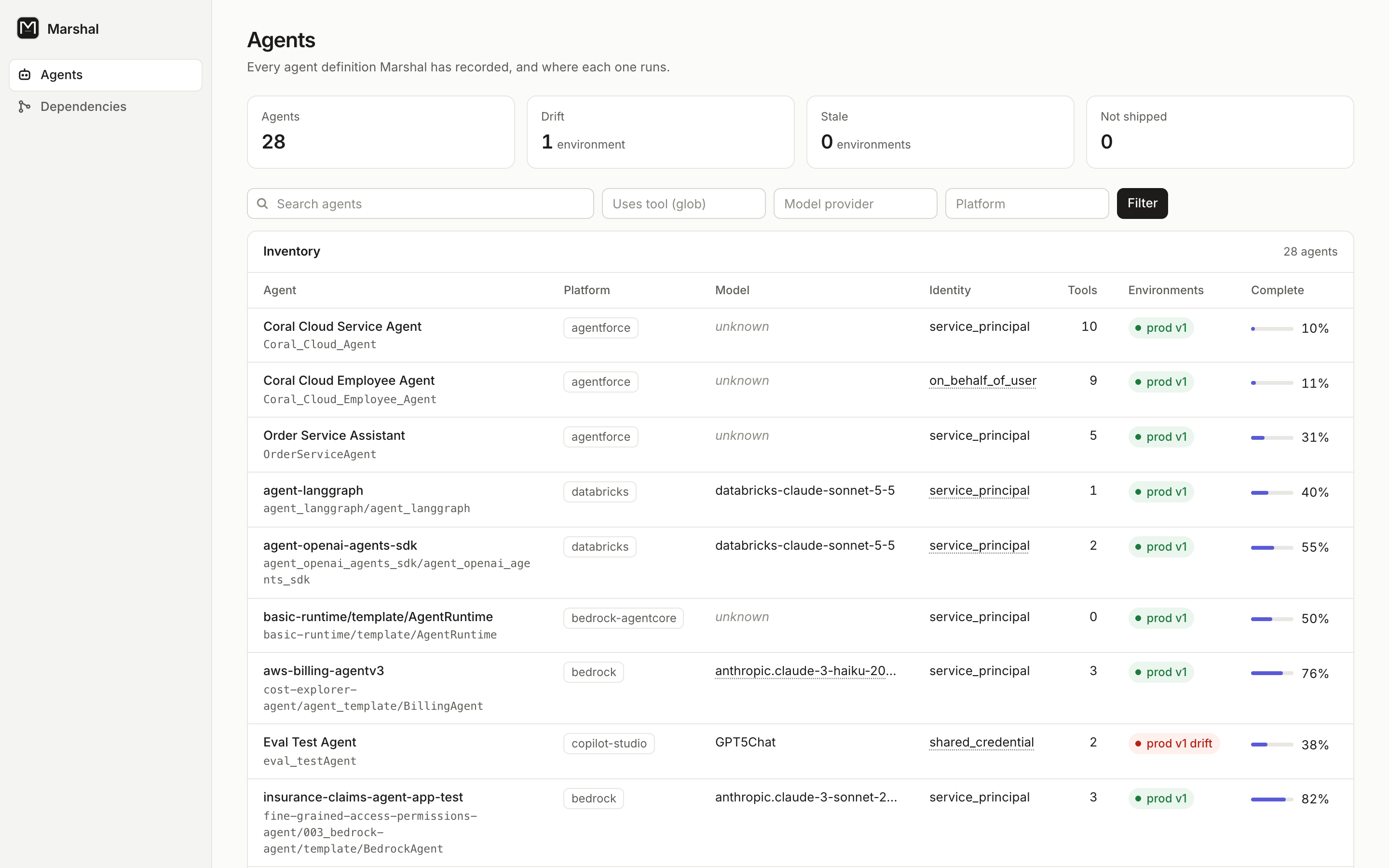 The Marshal web view: an inventory of 28 agents across Agentforce, Databricks, Bedrock, Copilot Studio and Google ADK, with one environment in drift