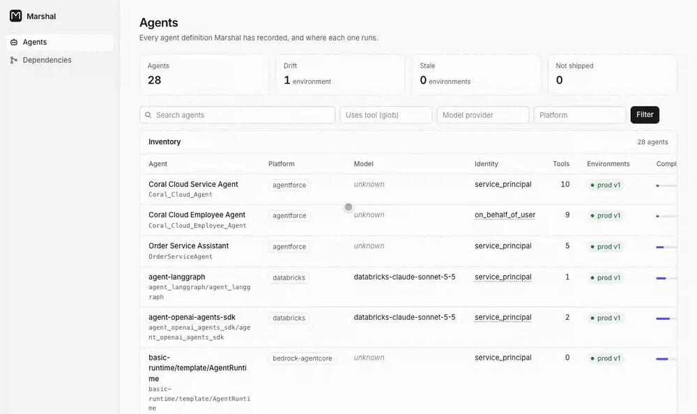 A walk through the Marshal web view: the inventory of 28 public agents, a Copilot Studio agent in drift whose tool was switched to the maker's credentials, a proposed change that adds a refund function, and the agents that share an Apex action